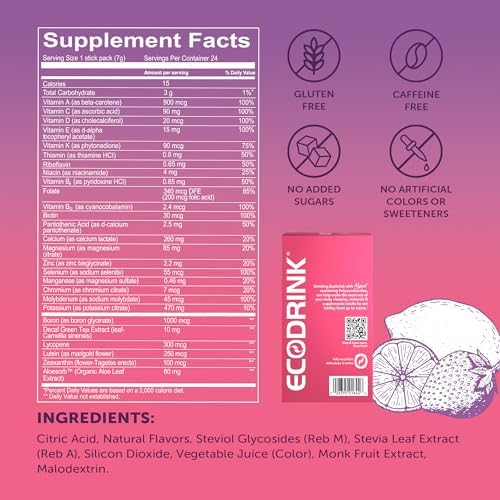Lily of the Desert EcoDrink Nutrient Support Hydration Packets, Strawberry Lemonade – Naturally Sweetened Multivitamin Electrolyte Mix with Aloe, 24 Stick Packs/Box, 0.25 Oz Ea
