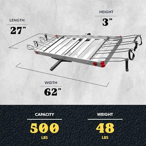 Truck Hitch Cargo Carrier - 500 lb Aluminum 2-in-1 Rack, Silver | Fits 2 in Receivers, Holds 4 Bicycles, 62 x 27 x 3 in Platform, Wheel Mount Design
