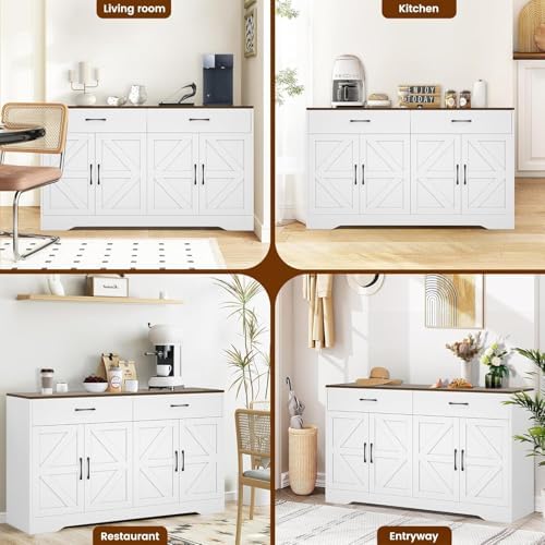 Sideboard Buffet Cabinet with Storage, 55.1" Large Kitchen Storage Sideboard with Drawers & Doors, Modern Wood Farmhouse Coffee Bar Cabinet