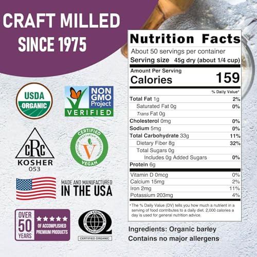 Great River Milling Organic Hulled Barley, Whole Grain, 25 lb | Organic Hulled Barley for soups, stews, pilaf, porridge, salads, grain bowls and home milling; chewy whole-grain texture and