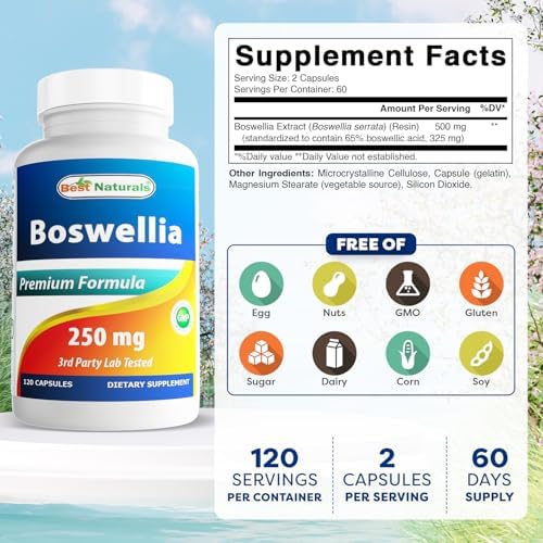 Best Naturals Boswellia Serrata Joint Health 250 mg 120 Capsules - Standardized to 65% Boswellic Acid (120 Count (Pack of 1))