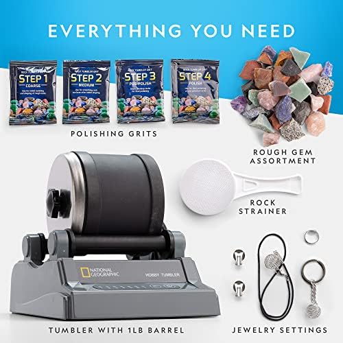 National Geographic Hobby Rock Tumbler Kit for Kids and Adults Ages 8+ | Rough Gemstones, 4 Polishing Grits, Rock Polisher, Geology Science Kit, Rock Tumbling for Kids and Adults, Birthday Gift
