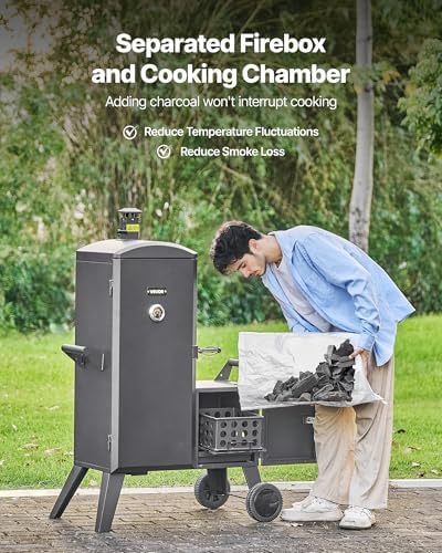 VEVOR Charcoal Offset Smoker, Heavy-Duty Steel BBQ Offset Smoker with Side Firebox, Movable Outdoor Barbecue Smokers with 6 Adjustable Grates