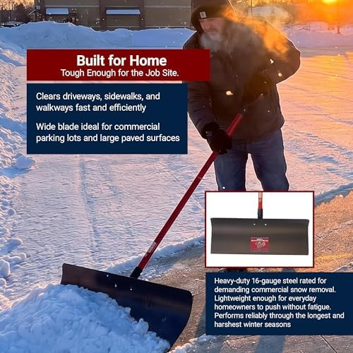 Heavy Duty Steel Snow Pusher - Extra Long Fiberglass D-Grip Handle, Durable Wide Metal Push Shovel for Driveways, Sidewalks & Parking Lots
