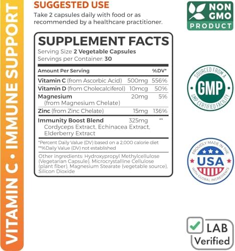 Vitamin C Immune Support Supplement - Immune Boost Blend with Elderberry Vitamin C and Zinc for Daily & Seasonal Support - Magnesium Zinc Vit C & D