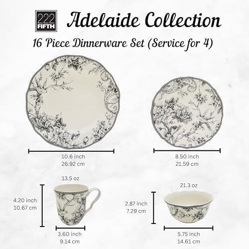 222 Fifth Adelaide 16-Piece Black Porcelain Dinnerware Set – Service for 4, Featuring Hand-Applied Romantic Woodland Bird Design