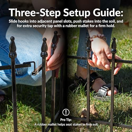 Sunnydaze Decorative Garden Fence Border, 9ft, 5 Panels, Black | 22" W x 18" H No Dig Metal Edging for Flower Beds, Yard, Lawn, Pathways & Landscaping, Roman Finial Design