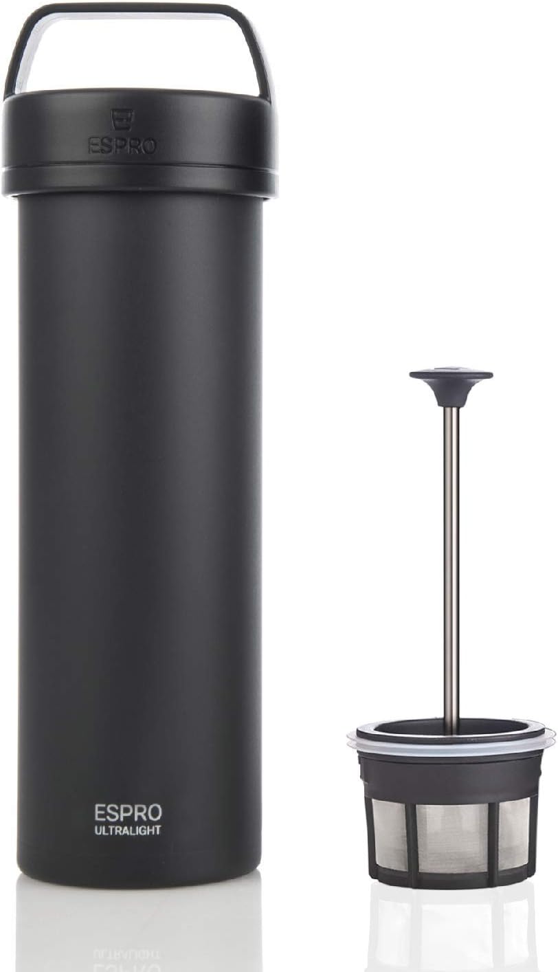 ESPRO Go P0 Ultralight French Press Coffee Maker for Travel, Vacuum Insulated Stainless Steel, 16 Ounces, Matte Meteorite Black