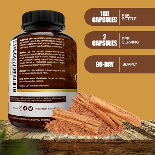 NutriFlair Organic Ceylon Cinnamon Supplement 1200mg, 120 Capsules - USDA Certified - Non-GMO, Gluten Free Powder, Antioxidant Pills