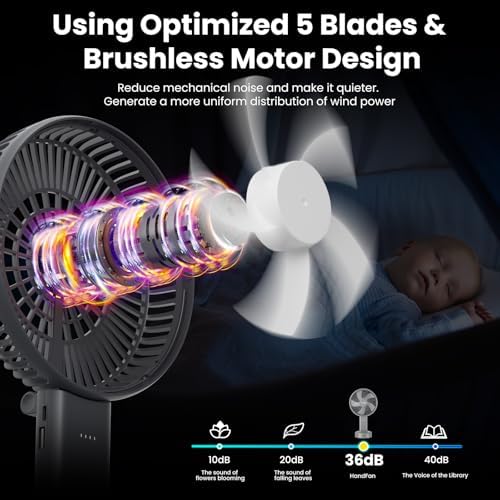 HandFan Quiet 6 Inch Handheld Fan [34H Max Cooling Time], 6 Speed Rechargeable Personal fan and Desktop with Base