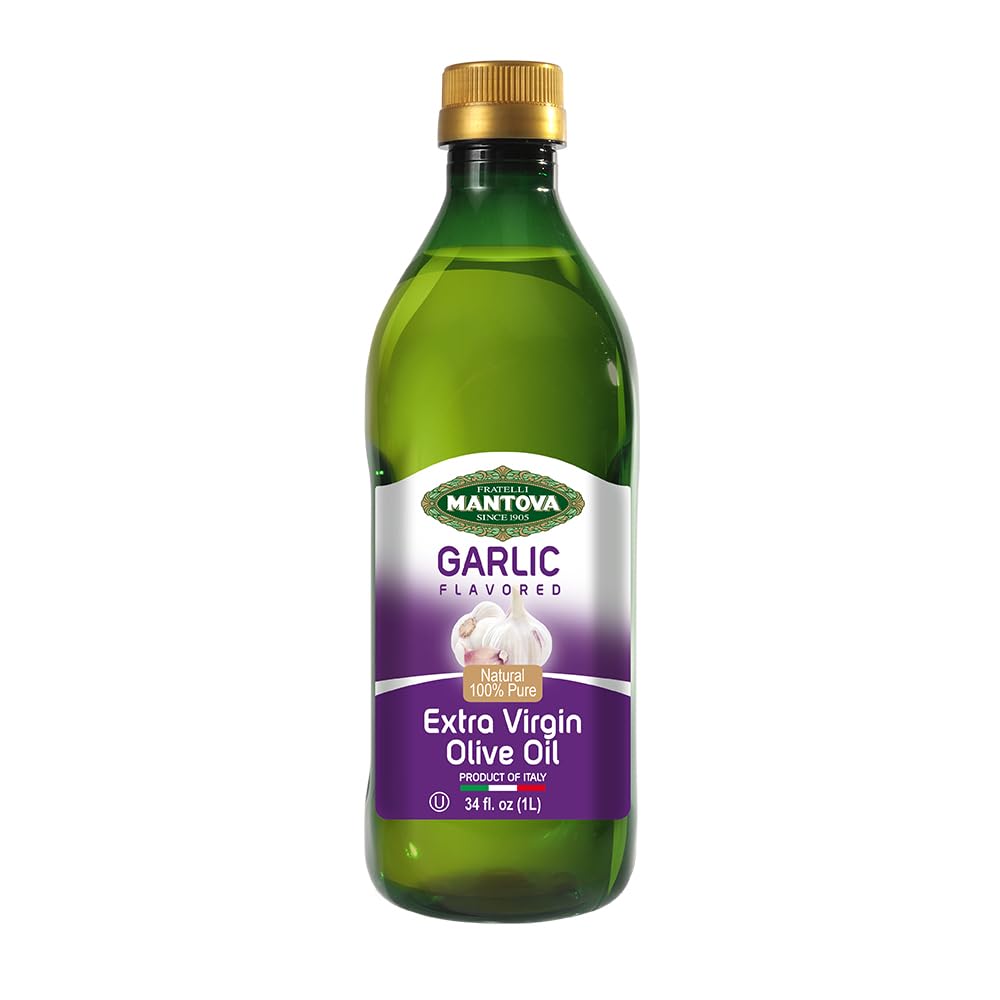 Mantova Garlic Extra Virgin Olive Oil (EVOO) - Cold-Pressed, Premium Quality, Imported from Italy - Perfect for Topping Salads, Vegetables, Pasta Salad, Dipping Italian Bread, or Pan-Frying (Pack of 1)