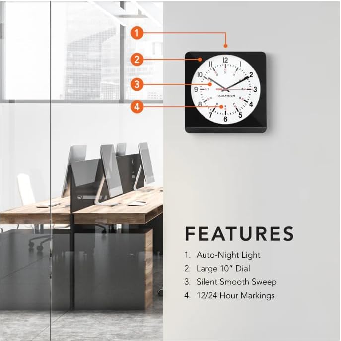 MARATHON Jumbo 12 Inch Analog Wall Clock with Warm Amber Auto Backlight, Silent Smooth Sweep (Black Case/White Dial - Commercial Edition)
