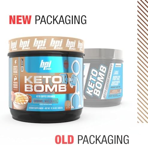 BPI Sports Keto Bomb Coffee Creamer - Supports Energy and Hydration - MCT and Electrolytes - with Calcium - Caramel Macchiato, 18 Servings