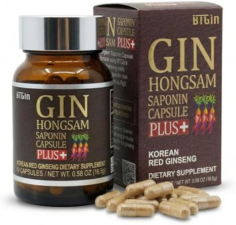 Gin Hongsam Saponin Capsule Plus Korean Red Panax Ginseng Extract - High Rg3 & Compound K Supplement - Caffeine Free Extra Strength Energy