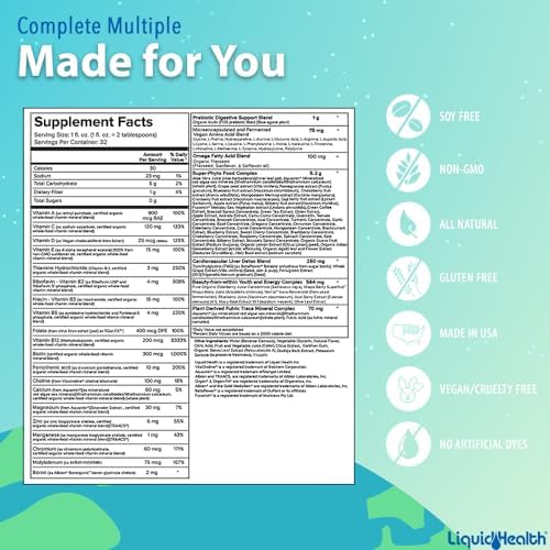 LIQUIDHEALTH Complete Multiple Adult Liquid Multivitamin - Essential Vitamins, Minerals & Nutrients, Immune Support, Gut Health, Energy, Detox - Made in USA, Vegan, Non-GMO, Sugar-Free (32 oz)