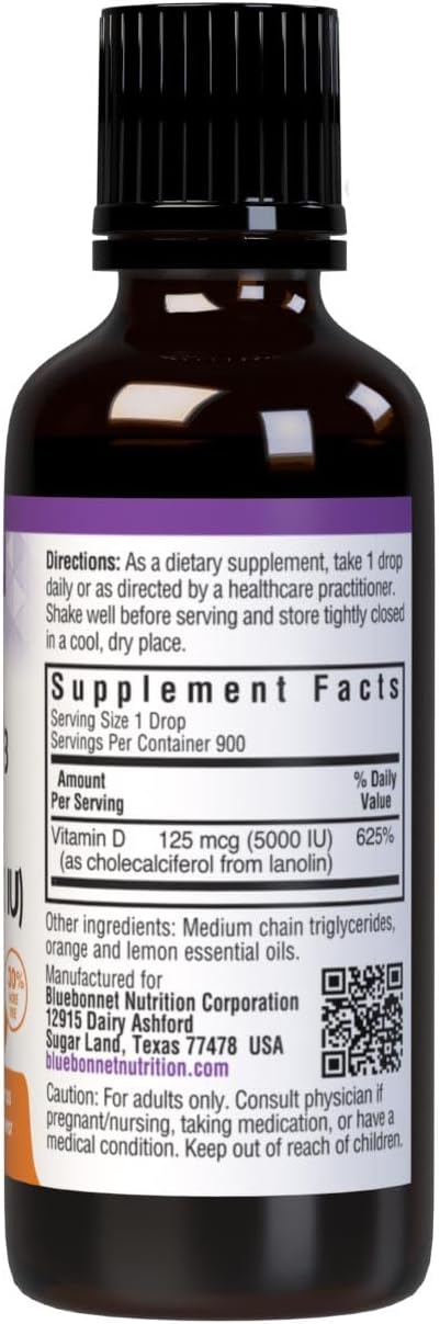 Bluebonnet Nutrition Liquid Vitamin D3 Drops 5000 IU, Aids in Muscle and Skeletal Growth, D3, Non GMO, Gluten Free, Soy Free, Dairy Free, Kosher
