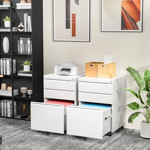 3 Drawer Filing Cabinet with Lock, White Mobile File Cabinet with Wheels, Rolling Small Metal Cabinets Under Desk for Home Office, Assembled