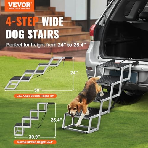 VEVOR 4-Step Dog Car Steps, Folding Dog Ramp with Nonslip Surface, Portable Pet Steps in Aluminum for Car, SUV and Truck, Supports up to 250 lbs