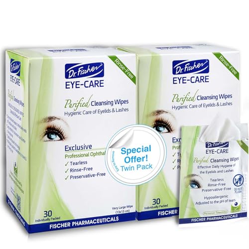 Dr. Fischer Eyelid Wipes - Hypoallergenic Preservative-Free Eye Cleansing Wipes for Sensitive Eyelids (Twin Pack).