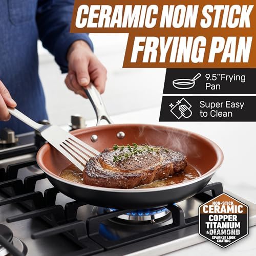 Gotham Steel 9.5 Inch Copper Non Stick Frying Pans Skillet | Ceramic Non Toxic Coating Made Without PFOA/PTFE/PFOS, Lightweight, Stay Cool Handle, Oven and Dishwasher Safe