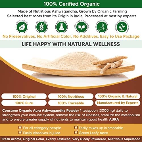 Certified Organic Ashwagandha Root Powder 16Oz -1Lb. Natural Stress, Brain and Immune Support. Enhances Overall Health. Raw Superfood. 100% Natural Herbal