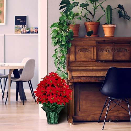 Rubys Silk Flowers - 24" Artificial Red Poinsettia Flower Bouquet – 5 lbs Weighted Pot – 24" Tall and 18" Wide – Perfect Size for Christmas Decor, Home, Office, or Memorial