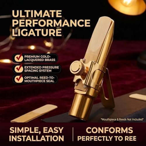 Professional Alto Saxophone Ligature for Metal Mouthpiece - Upgraded Single Screw Design, Gold Brass Ligature with Protective Cap for Slim Alto Sax Metal Mouthpieces