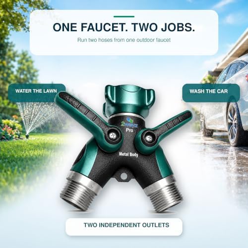 Hose Splitter 2 Way Heavy Duty Outdoor Faucet and Garden Connector - Water Spigot Splitter - Durable All-Metal Y Adapter with Shut-Off Valve - 4 x 4 x 1.5 Inches
