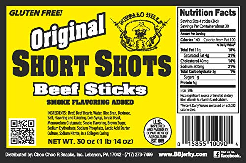 Buffalo Bills Original Short Shots Snack Beef Sticks, 3.5"Sticks/30 Oz Bag | Gluten Free, Ideal For Road Trips, Officesnacks, Hiking, High Protein Snack, Made In The USA, 100% Us-Raised Beef, 120 Sticks