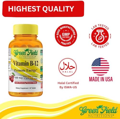 Greenfield Nutritions Halal Vitamin B12 1000mcg - Cherry Flavored Fast Absorption 60 Sublingual B12 Tablets - Natural B12 Halal Vitamins