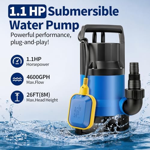 1.1HP Submersible Sump Pump, 4600 GPH Electric Water Pump with Automatic Float Switch, Portable Utility Pump for Pool Draining, Basement
