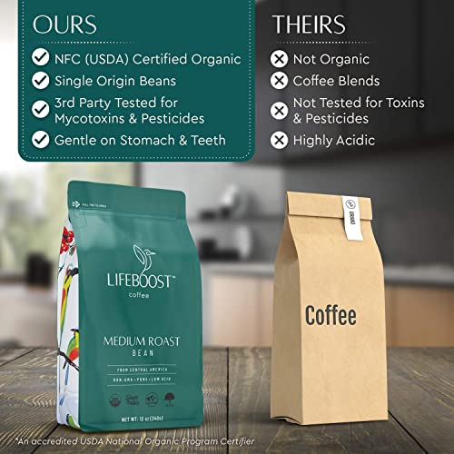 Lifeboost Organic Coffee Beans Medium Roast - Low Acid Single Origin Non-GMO Organic Whole Bean Coffee - Third Party Tested For Mycotoxins &
