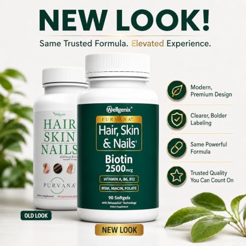 Wellgenix Purvana Hair Skin and Nails Supplement – 2500mcg Biotin Softgels with MSM & B-Complex – Daily Beauty Support for Stronger Nails & Hair Vitality – 90 Softgels | MSM, alpha lipoic acid & grape seed softgels for thicker-looking hair, stronger-look…