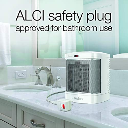 Lasko Electric Ceramic Space Heater for Bathroom - 8” - CD08200 - White | ALCI Safety Plug, Portable, 2 Heat Settings, Simple Heat Button, Overheat Protection, Cool Touch Housing, 1500W