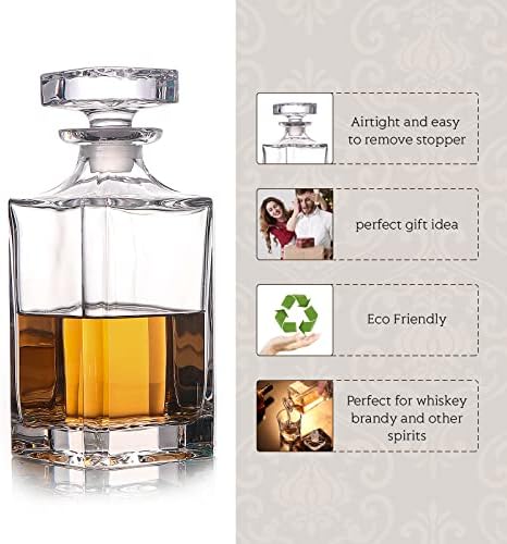 Glass Decanter with Airtight Geometric Stopper - Whiskey Decanter for Wine, Bourbon, Brandy, Liquor, Juice, Water