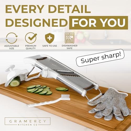 Gramercy Adjustable Mandoline Food Slicer, Mandoline Slicer for Kitchen, Mandolin, Potato, Tomato, Carrot, Vegetable, Fruit and Onion Cutter, Stainless Steel, INCLUDING Cut-Resistant Gloves, Black PRO