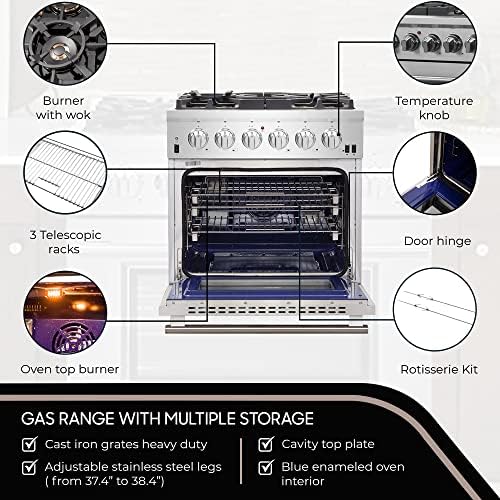 FORNO Capriasca Full Gas 30" Inch. Freestanding Range with 5 Sealed Burners Cooktop - 4.32 Cu.Ft. Gas Convection Oven Capacity