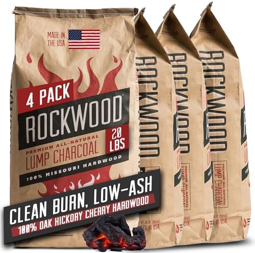 Rockwood Natural Lump Charcoal – Hardwood Lump Charcoal - 20 lbs, 1 Pack | Hardwood Lump Charcoal with Blend of Oak, Hickory & Cherry - Clean Burn, High Heat Grilling & Smoking - For Kettle & Kamado