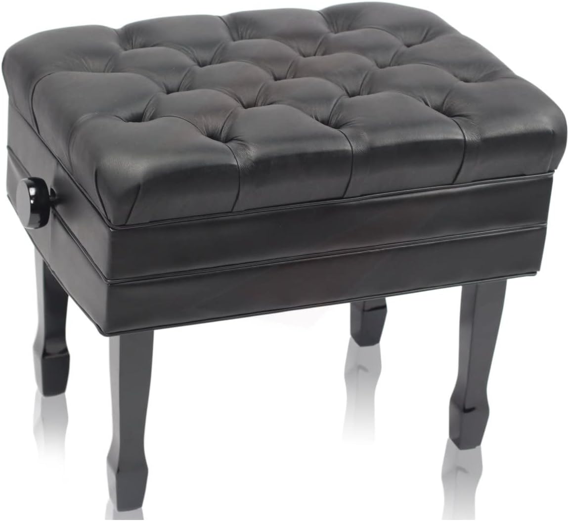 Griffin Piano Bench (Genuine Leather Plus Series) – Adjustable Ergonomic Keyboard Stool with Storage, Black Wood Frame for Home, Musicians