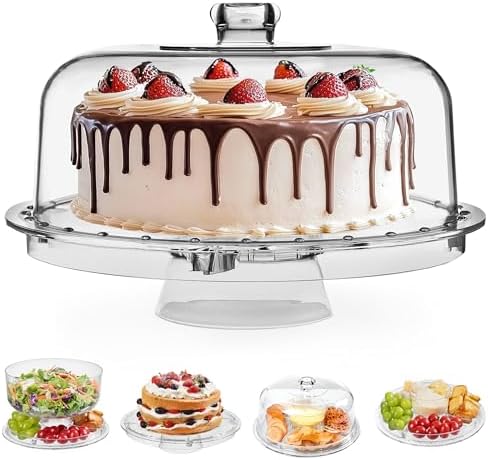 HBlife Cake Stand with Lid (12.2"), Multifunctional Cake Stand with Acrylic Dome, Acrylic 6-in-1 Cake Plate Display Stand with Cover for Baking Gifts, Birthday Kitchen Parties, Weddings