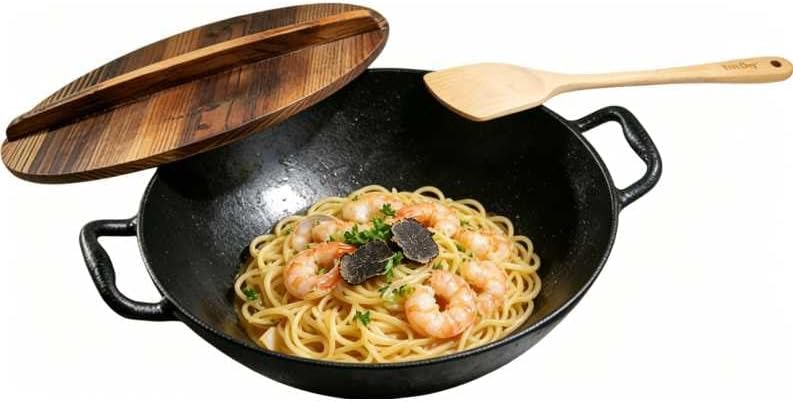 Flat Bottom Cast Iron Wok with Lid 14 Inch,Pre-Seasoned Non Toxic Cast Iron Kadai,Chinese Japanese Wok double handle for Induction and Open Fire