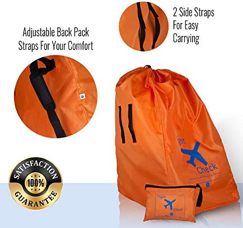 Car Seat Travel Bag and Carrier for Gate Check with Travel Pouch - Bright Orange with Blue Letters for Airport, Airplane Gate Check