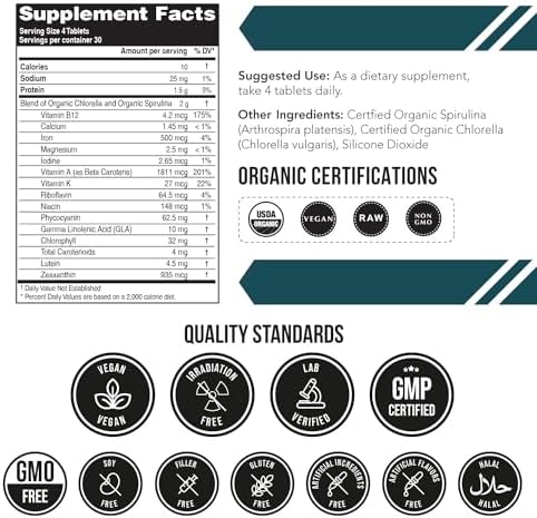 Organic Spirulina & Chlorella Tablets – 4 Organic Certifications, Raw