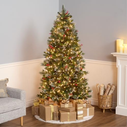 National Tree Company 7.5ft Pre-Lit Wintry Pine Medium Christmas Tree | 650 Clear Lights, 831 Tips, Flocked, Pinecones, Red Berries, Includes Stand, Green