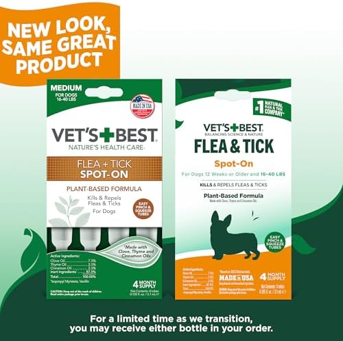 Vet's Best Flea & Tick Drops for Large Dogs, Flea Protection, 4Month Supply | Plant-Based Spot-On Treatment, Essential Oils, Helps Prevent Fleas & Ticks, Four Monthly Applications for Dogs