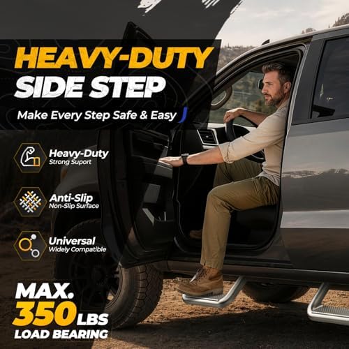 Auto Dynasty 1 Inch Universal Side Step with Mounting Brackets | Aluminum Step Rails Side Hoop Steps for Pickups & Trucks, Silver Powder Coated