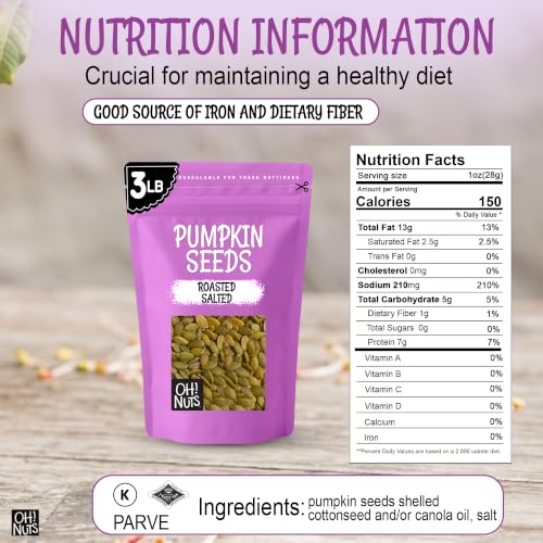 Oh! Nuts Roasted Pumpkin Seeds Salted Pepitas No Shell 2 Pound | Roasted salted pumpkin seeds no shell - Premium pepitas packed in NY - Resealable zip bag for freshness