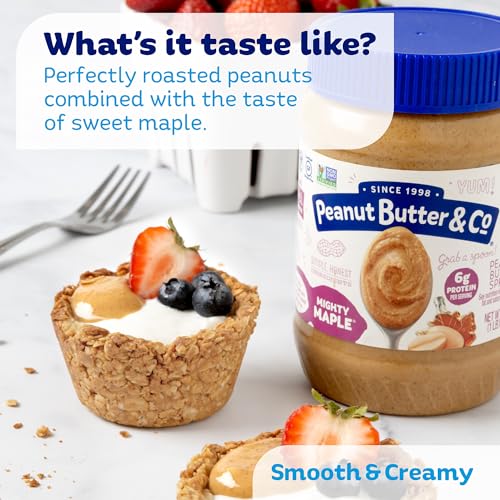 Peanut Butter & Co. Mighty Maple Peanut Butter, 16 oz (2 Pack) | Non-GMO Project Verified, Gluten Free, Kosher, 6g Protein, Maple Peanut Butter, USA-Grown Peanuts, No HFCS, Breakfast Spread