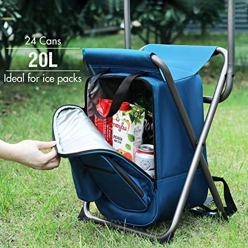 Portal Backpack Cooler Chair with Backrest, Portable Folding Stool | Blue, up to 350 lbs, Cup Holder, Zipper Pocket, Non-slip Foot