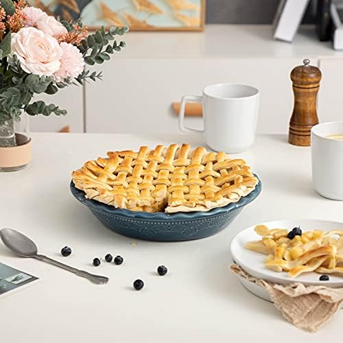 Fun Elements Pie Pan, 9 Inch Ceramic Pie Dish, Deep Dish Pie Pan with Lace Emboss, Ruffled Pie Plate for Baking